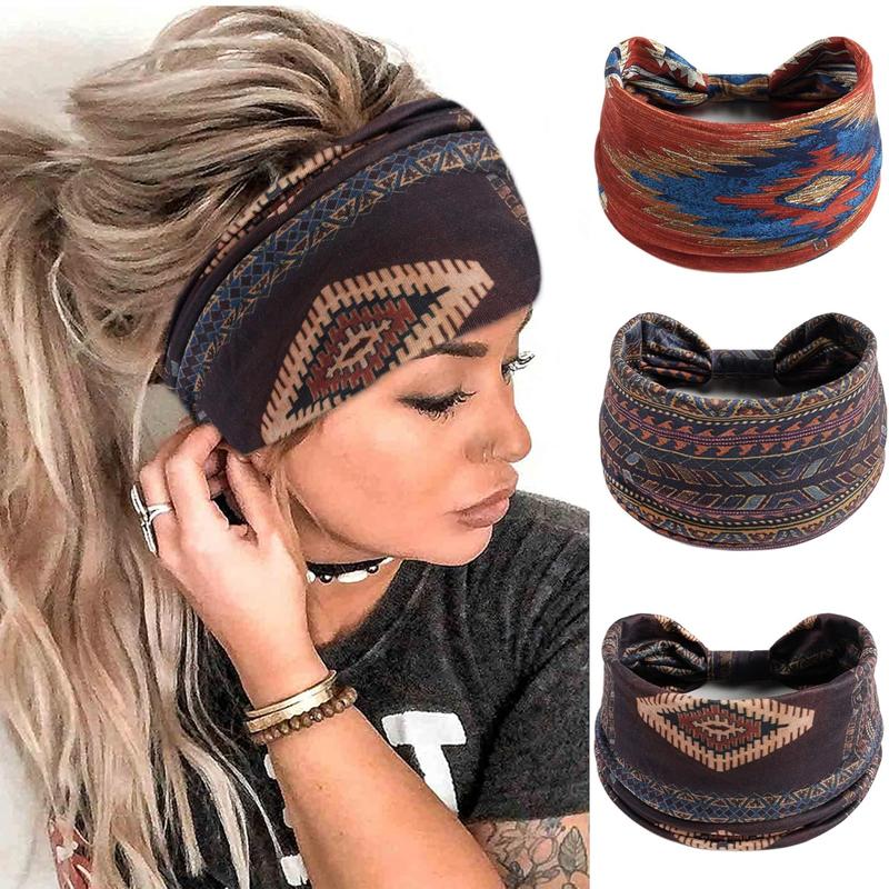 Boho Headbands for Women Wide Knotted Head Bands  Floral Printed Turban Striped Bandanas Stretchy Workout Yoga Hairbands Fashion Hair Accessories for Girls 3 count