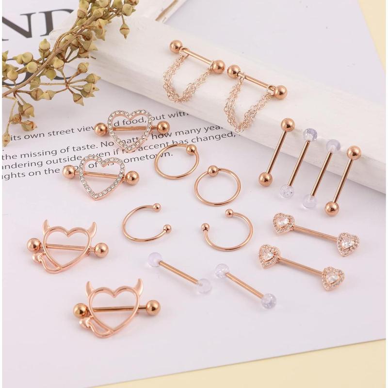 18Pcs Stainless Steel Nipple Rings for Women Tongue Ring Piercing Body Jewelry Barbell CZ Heart Shape Barbells Piercing Rings