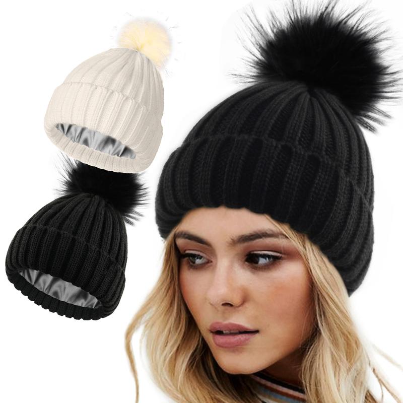 SeSe Code Women's Winter Knitted Beanie Hat with Satin Lining and Faux Fur Pom Pom Warm Skull Cap