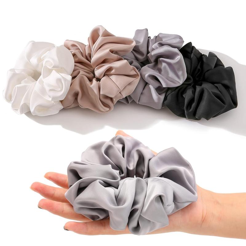 4 count Large Satin Silk Scrunchies for Women - Big Glossy Scrunchie for Thick Hair Girl Hair Ties Ponytail Holders  Scrunchies (Black White  Champagne)