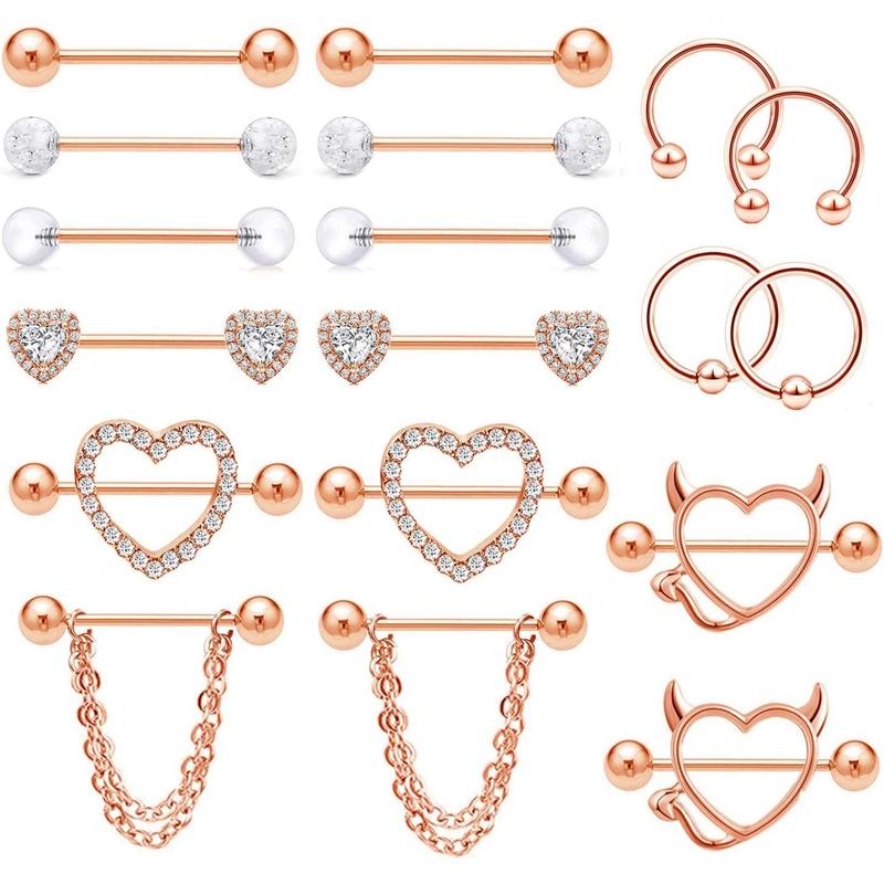 18Pcs Stainless Steel Nipple Rings for Women Tongue Ring Piercing Body Jewelry Barbell CZ Heart Shape Barbells Piercing Rings