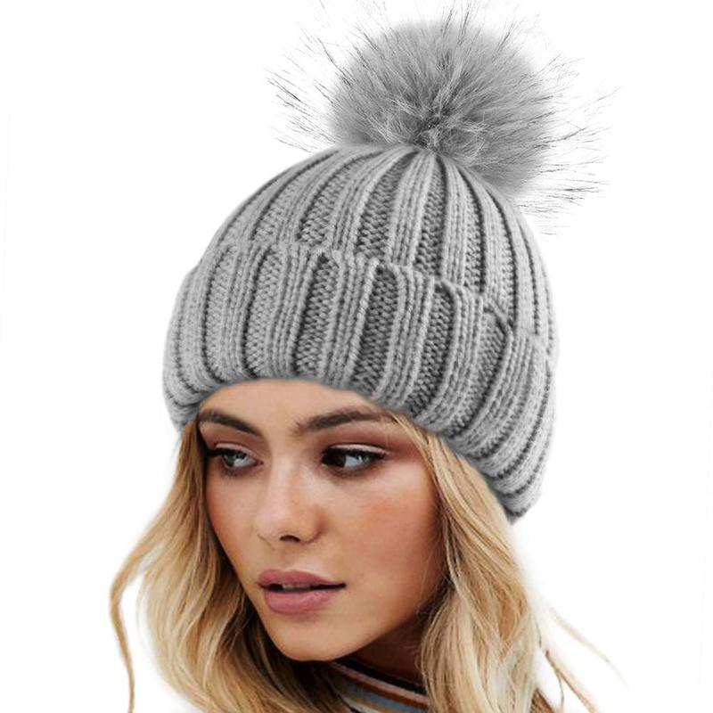 SeSe Code Women's Winter Knitted Beanie Hat with Satin Lining and Faux Fur Pom Pom Warm Skull Cap