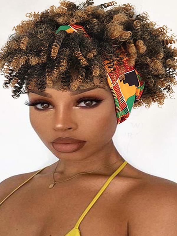 Women's Mixed Color Brown Casual Trendy 8inch Short Coily Synthetic Wigs With Bangs,  Natural Fluffy Curly Soft Synthetic Hair Wigs For Daily Or Party