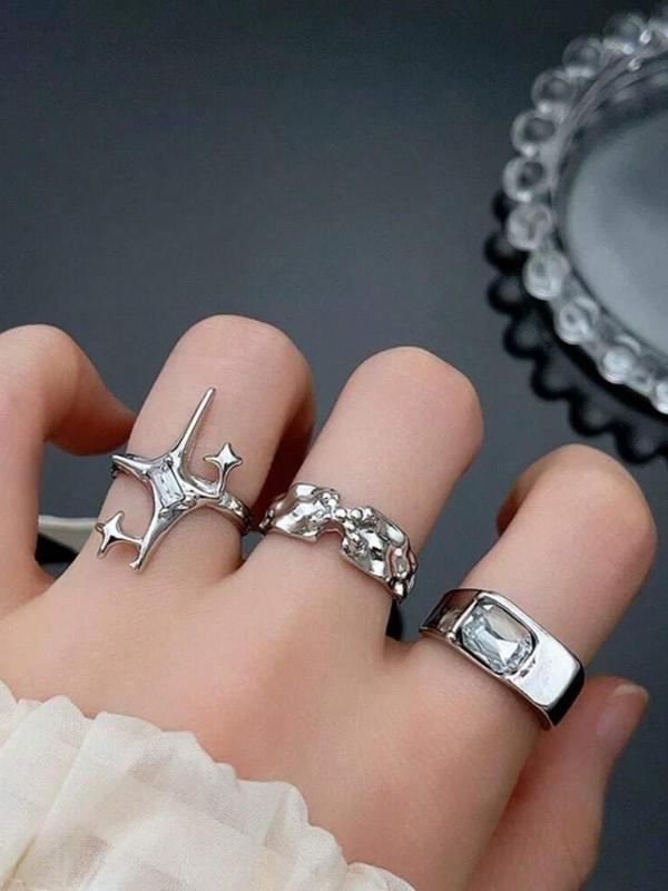 Star & Rhinestone Decorated Ring Set, Fashion Accessories for Women & Girls, Trendy All-match & Exquisite Jewelry for Birthday Gift