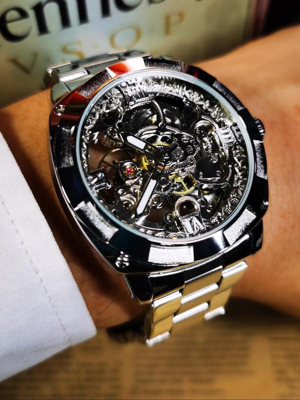 Men's Luxury Round Automatic Mechanical Watch, Fashion Luminous Hands Watch for Party, Daily  Decor, Trendy  Exquisite Watch for Birthday Gift with Box