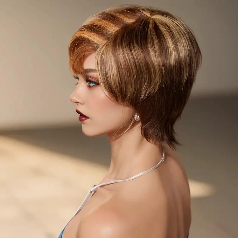 Honey Blonde Wig Short Pixie Cut Wig Human Hair For Women Full Machine Made Wigs With Bangs 6 inch P4 27 Straight Glueless Wig Human Hair Wigs 150%