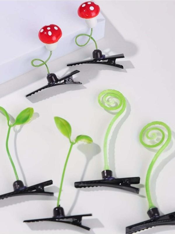 Cute Mushroom & Bean Sprouts Design Hair Clips, 6 Counts set Creative Hair Clips for Women & Girls, Funny Kawaii Hair Accessories for Party Decor