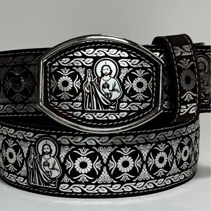 BELT CINTURON SAN JUDAS PLATA CON FONDO VERDE