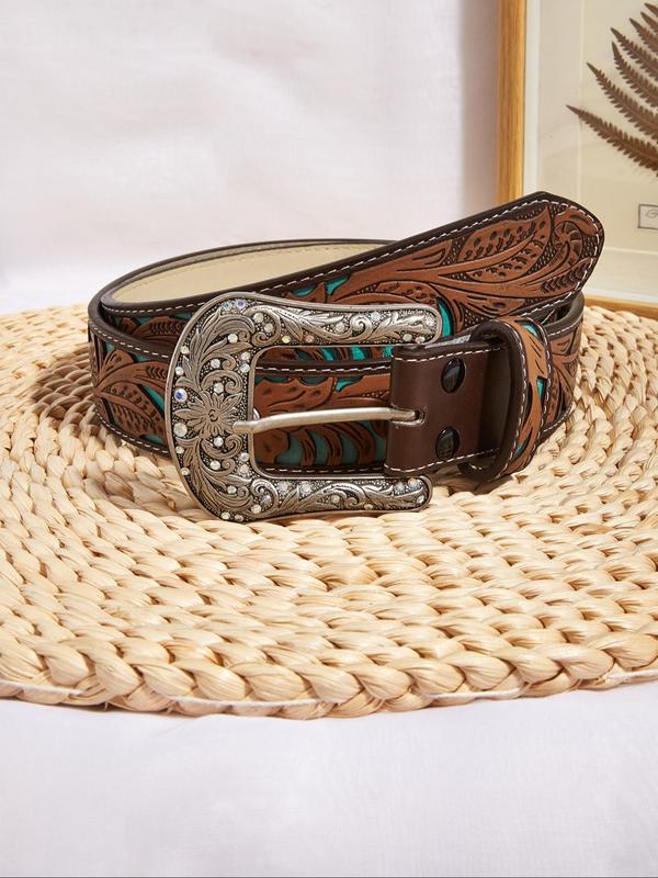 Women's Boho Style Rhinestone Decorated Leaf Print Embossed Western Belt, 2024 Vintage Trendy Western Belt for Cowgirl & Cowboy, Cool Female Male Daily Wear