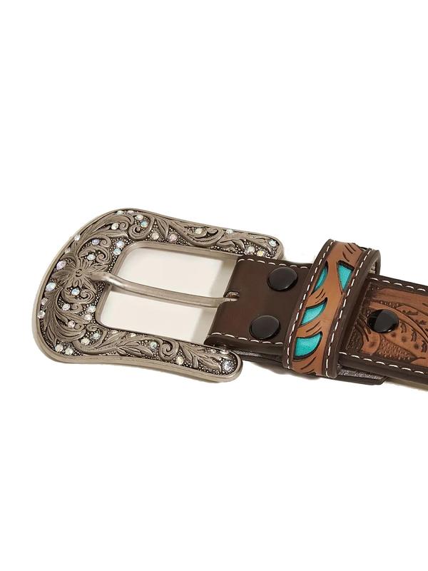 Women's Boho Style Rhinestone Decorated Leaf Print Embossed Western Belt, 2024 Vintage Trendy Western Belt for Cowgirl & Cowboy, Cool Female Male Daily Wear