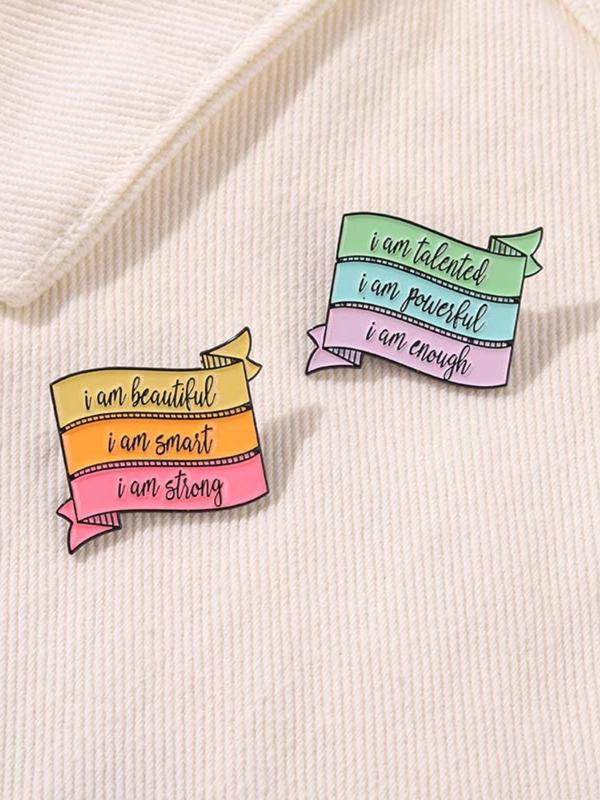 Colorblock Slogan Enamel Pin (2pcs), Fashion Brooch for Women & Men, Suitable for Backpacks, Jeans, Scarves, Hats Decoration Fixed Buckle, Casual Alloy Jewelry for Men & Women