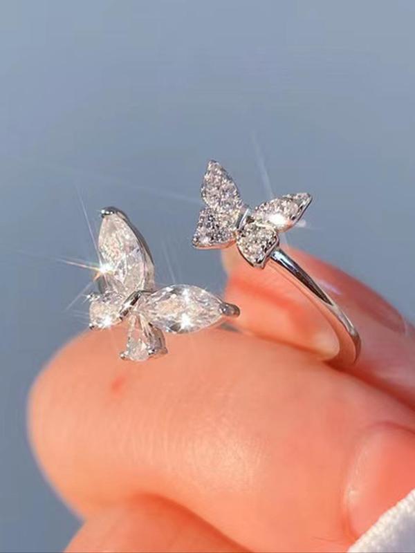 Rhinestone Decorated Butterfly Design Cuff Ring, Elegant Trendy Matching Jewelry For Party, Daily Clothing Decor For Girl