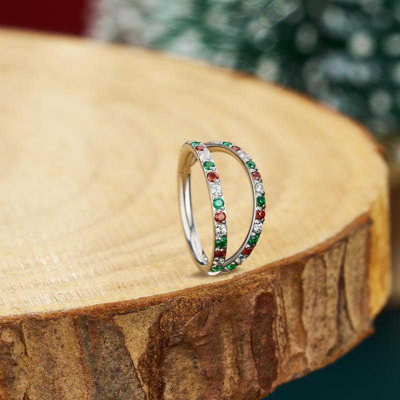 Oufer 18G Christmas Color CZ Double Hoop Nose Ring Christmas Gift