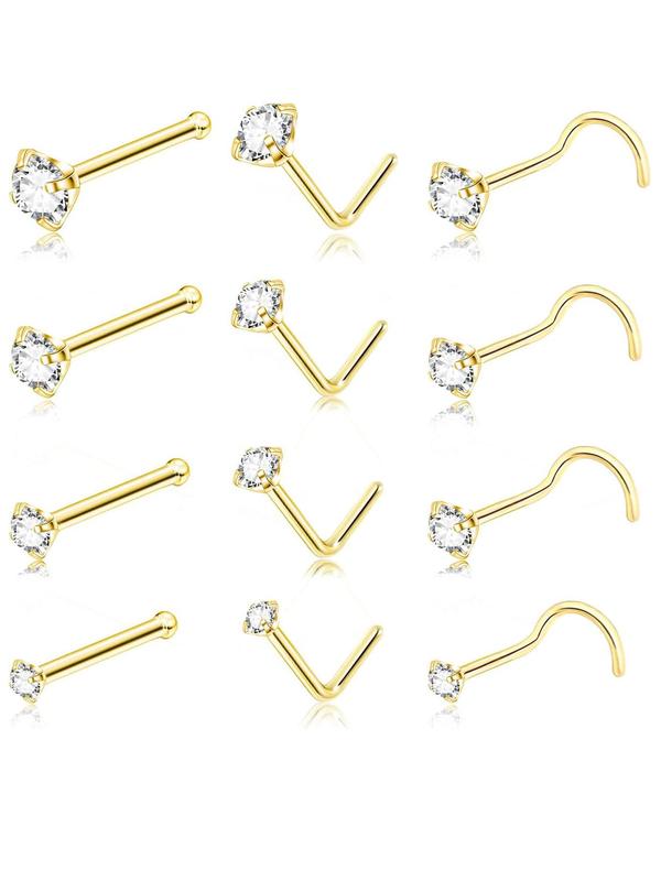 Rhinestone Decor Nose Studs Set, L Shaped Straight Nose Rings, Piercing Jewelry for Women & Men, Fashion Accessories for Party, Daily Clothing Decor