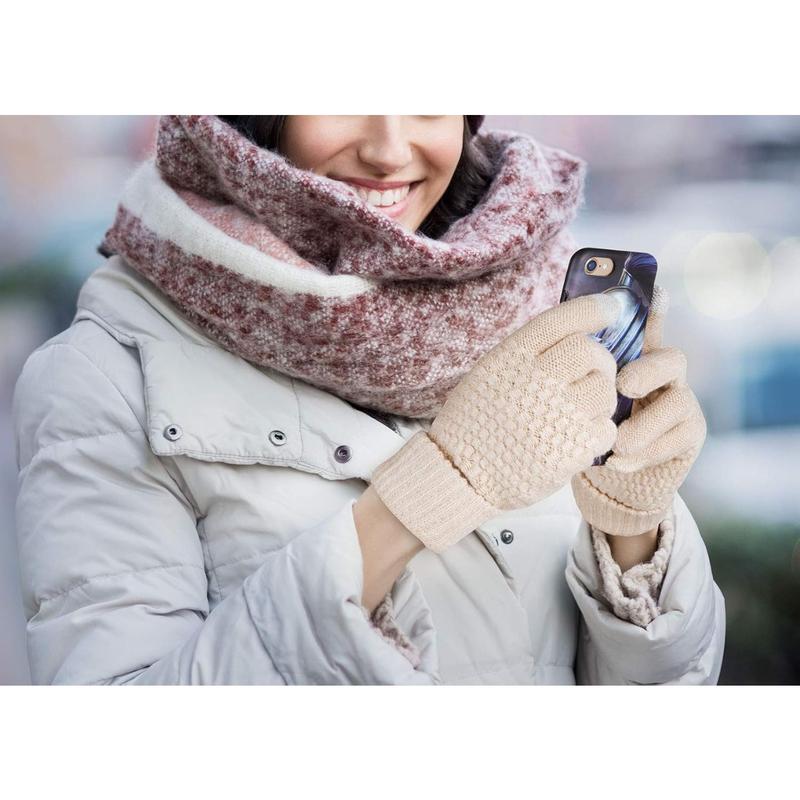 2 Pairs Women's Winter Touchscreen Gloves Warm Fleece Lined Knit Gloves Elastic Cuff Winter Texting Gloves