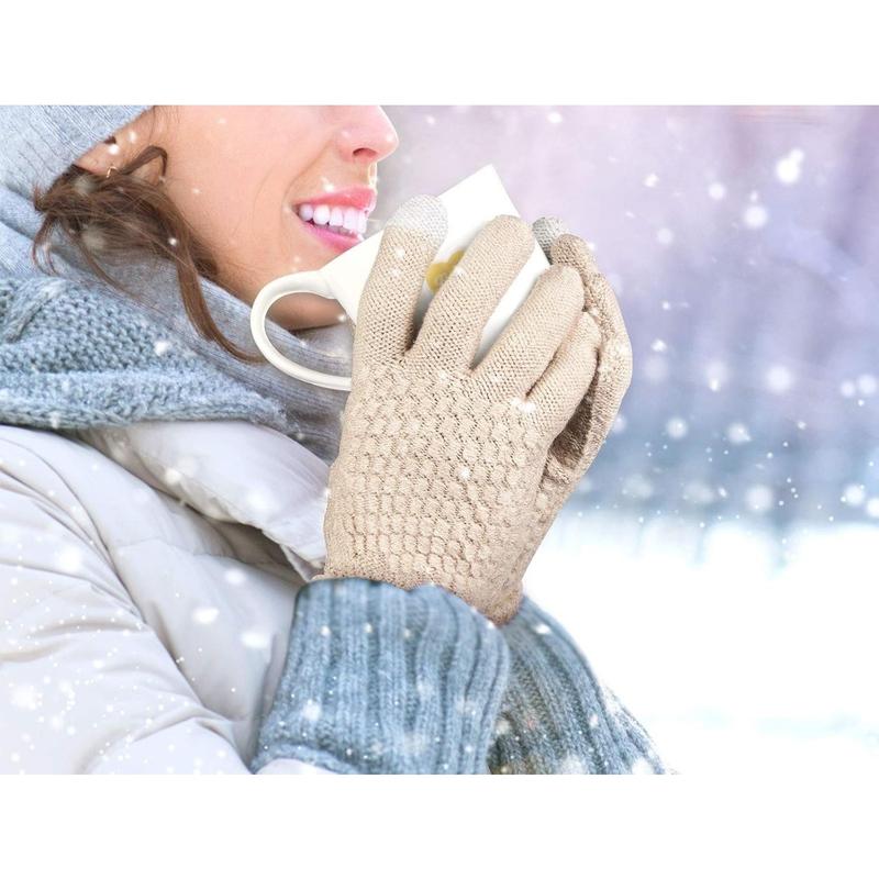 2 Pairs Women's Winter Touchscreen Gloves Warm Fleece Lined Knit Gloves Elastic Cuff Winter Texting Gloves