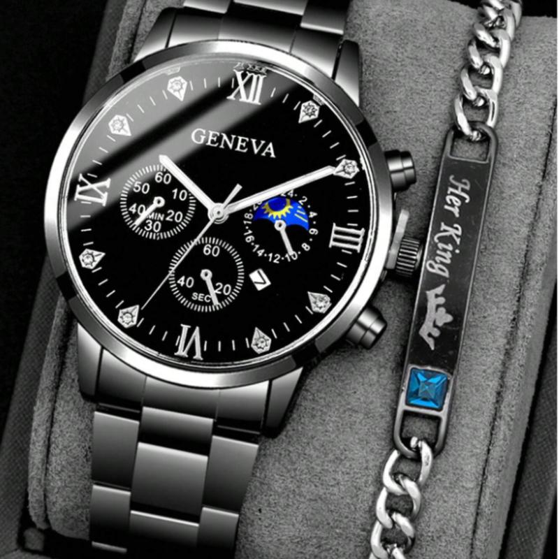 Gentleman's Calendar Steel Band Quartz Watch with Blue Cubic Zirconia Alloy Bracelet Combination Set for fathe's day gift