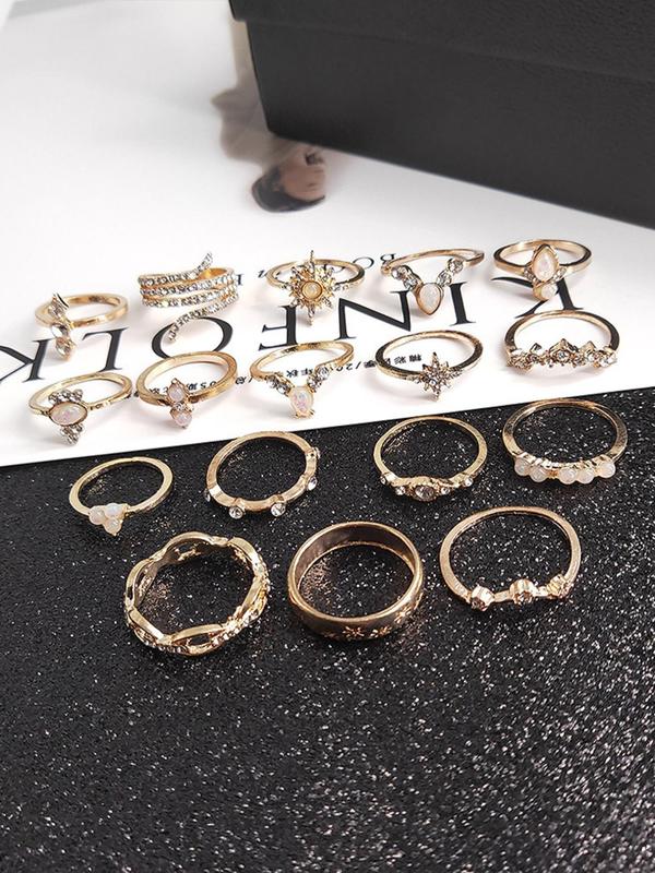 Elegant Geometric Design Rhinestones Decor Ring Set, 17pcs Boho Style Zinc Alloy Jewelry for Women, Casual Fashion Accessories for Party, Daily Clothing Decor