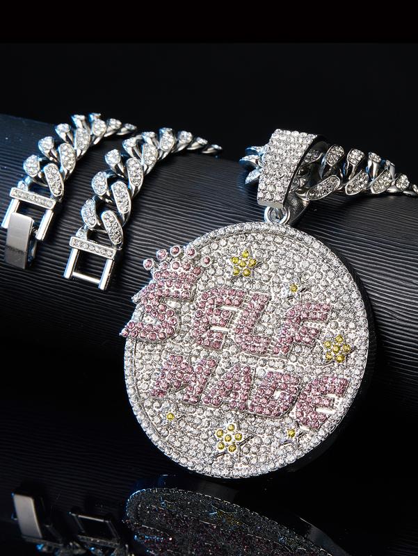 Iced Out Shiny Letter Self Made Round Medal Pendant with Round Stars Shape Necklace Jewelry Charm Men Fashion Hip Hop Jewelry