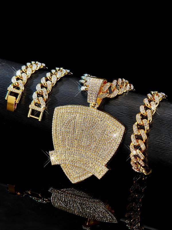 Rhinestone Decorated Letter Shield Pendant Necklace & Cuban Chain Bracelet, Hip Hop Jewelry Set for Party, Daily Clothing Decor for Men & Women