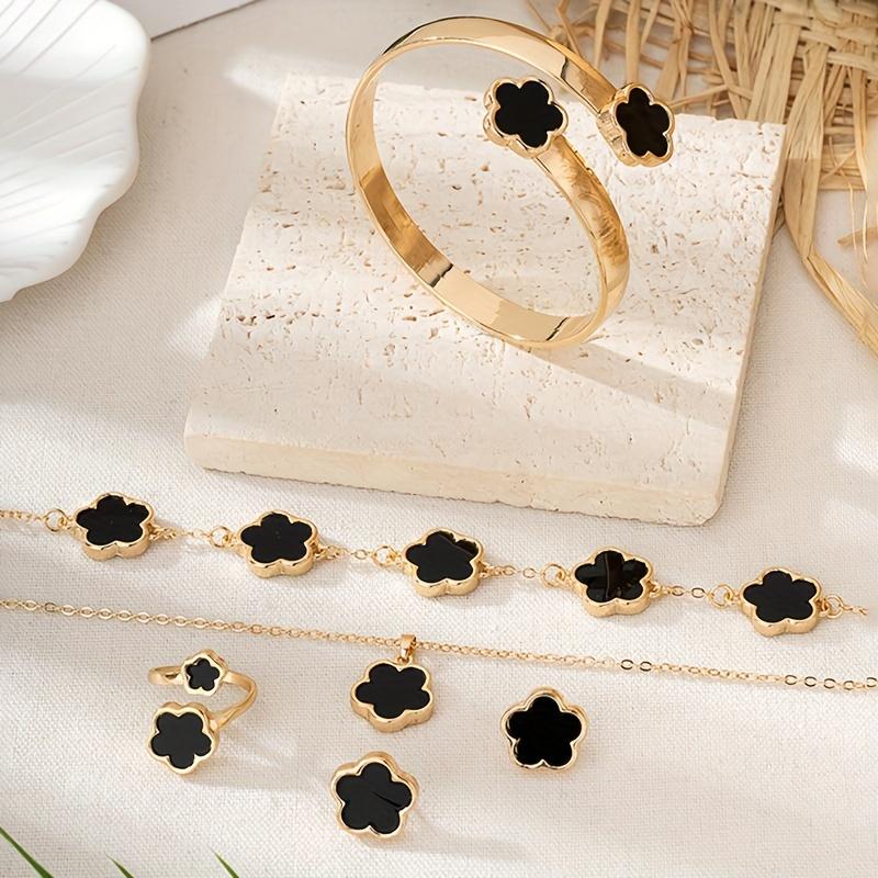 1 Pair Stud Earrings +1 Pc Necklace +1 Pc Bracelet +1 Pc Bangle +1 Pc Ring With Lucky Flower Design Alloy Jewelry Set Trendy Female Gift