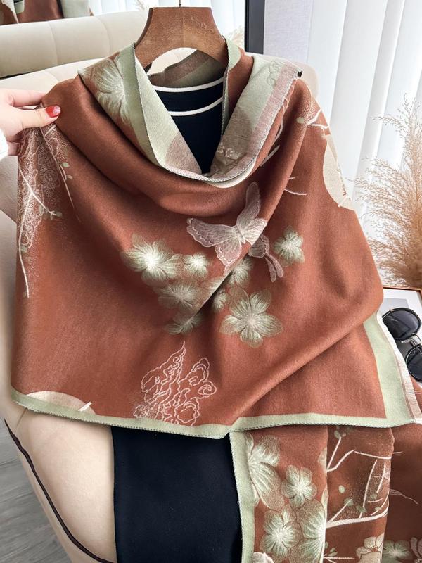 Women's Floral Print Double Sided Shawl, Boho Style Thickened Warm Scarf for Fall & Winter, Fashion Accessories for Women & Girls