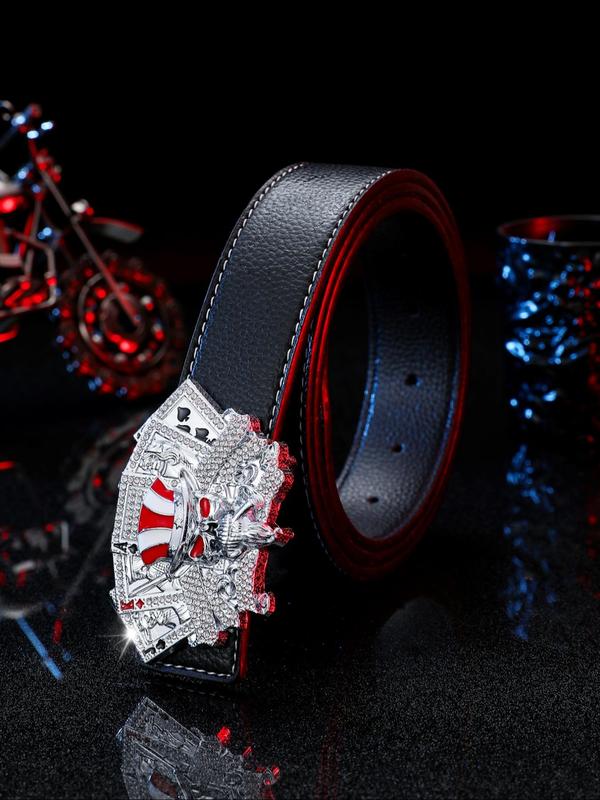 Men's Punk Style Fashion Rhinestones Decorated Poker Design Belt, Casual Trendy Pu Buckle Belt, Fashionable Belt for Daily & Party Clothing Decoration