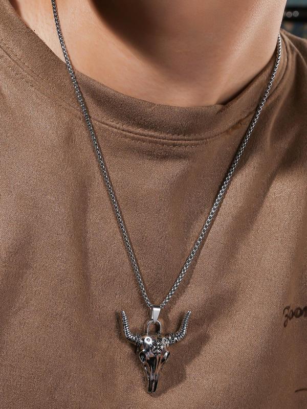 Men's Vintage Style Cow Head Design Pendant Necklace, Minimalist Chain Necklace, Casual Alloy Accessories