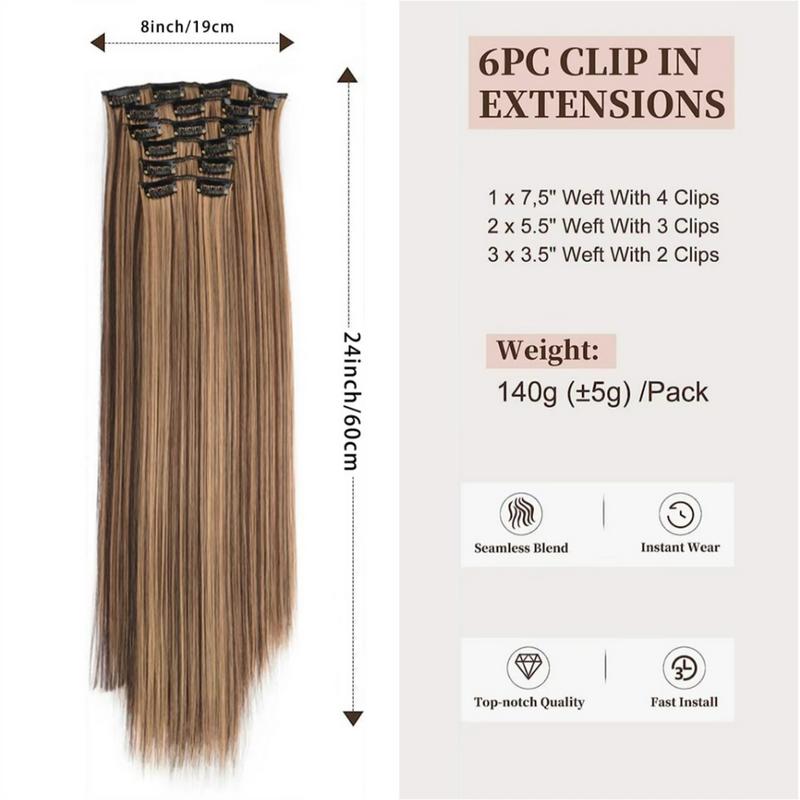 6pcs Pack 24 inch Clip in Hair Extensions Synthetic Hair Extensions 145g 6pcs Natural Straight Beginner Friendly Hairpieces for Women's Daily Wear for Any Occasion, Party, Club, Christmas, Natural Looking Soft, Smooth, Easy to Apply,  Great Christmas Gift