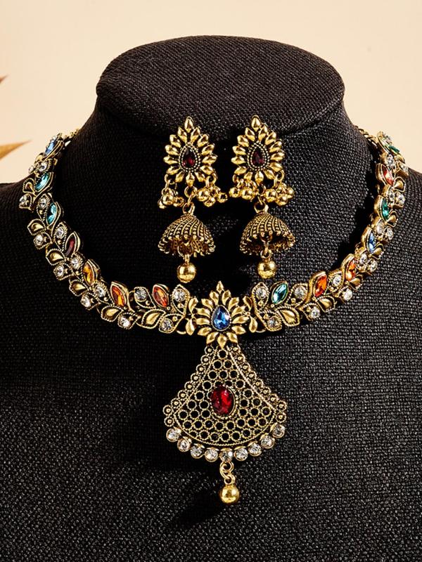 Women's Elegant Boho Style Jewelry Set, Exquisite Trendy Rhinestone Decorated Pendant Necklace & Dangle Earrings, Chic Jewelry Set for Party Decoration