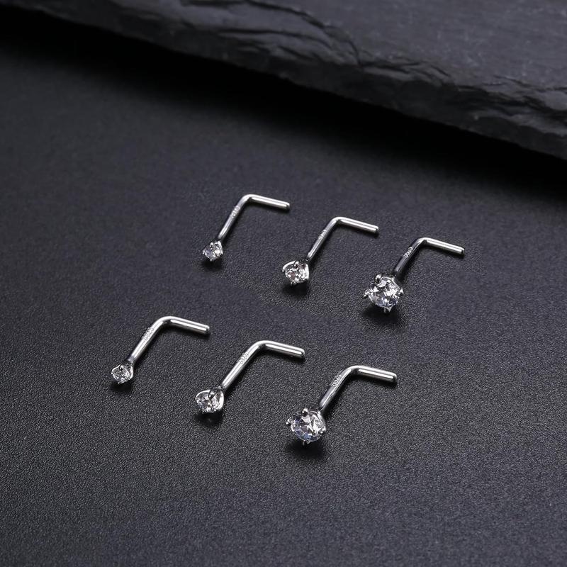 Fansilver Nose Studs, 18G 20G L Shaped Nose Rings, Simulated CZ Hypoallergenic Nose Piercings for Women Men 1.5 2 3MM