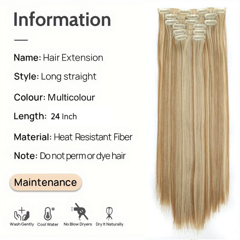 Women's 24 inch Long Straight Clip-in Hair Extensions for Daily & Costume Party 6 Pcs, Natural Fluffy Synthetic Hair Extensions for Daily & Party Decoration