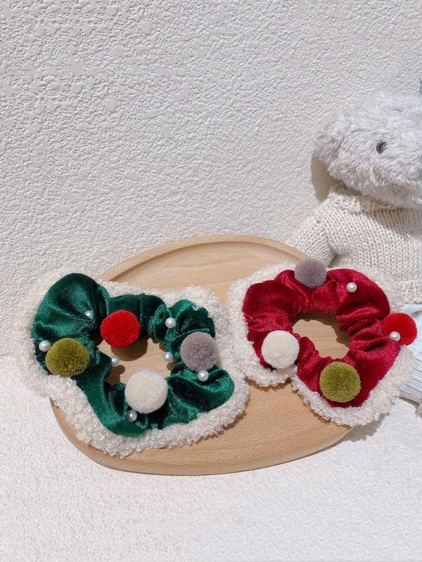 Cute Christmas Themed Hair Ties, 2024 New Style Plush Hair Ties with Pom Pom Decor, Fashion Hair Accessories for Women, Hairstyles Ideas for Girls