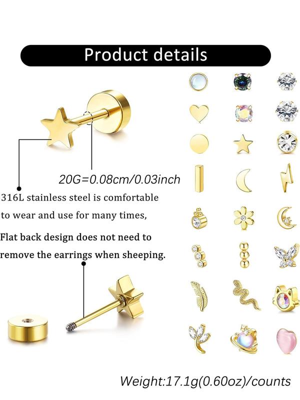 Rhinestone & Heart & Star & Butterfly & Snake Design Stud Earrings, Stainless Steel Earrings for Women & Men, Fashion Jewelry for Party, Daily Decor, Exquisite Jewelry for Birthday Gift