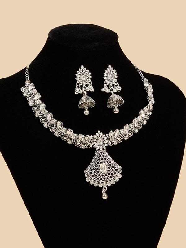 Women's Elegant Boho Style Jewelry Set, Exquisite Trendy Rhinestone Decorated Pendant Necklace & Dangle Earrings, Chic Jewelry Set for Party Decoration