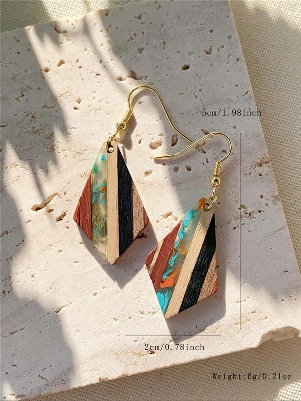 1 Pair Boho Style Wooden Geometric Design Dangle Earrings, Fashionable Random Patchwork Pattern Earrings Jewelry for Women, Trendy Accessories for Party and Daily Life