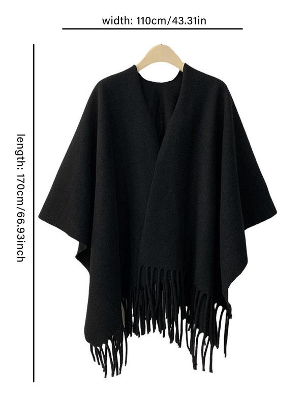 Women's Solid Color Tassel Decor Cape Shawl, Casual Fringe Trim Long Shawl for Fall & Winter, Fashion Clothes Accessories for Women & Girls