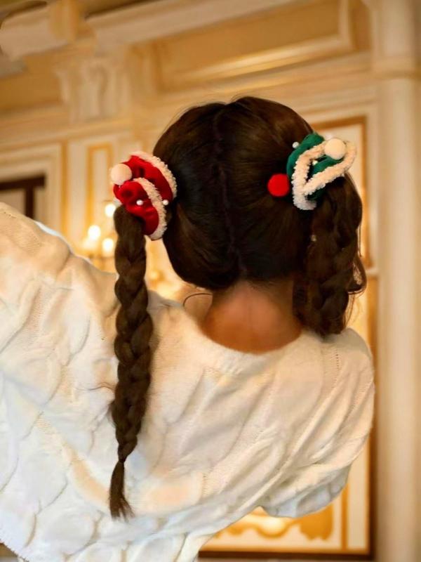 Cute Christmas Themed Hair Ties, 2024 New Style Plush Hair Ties with Pom Pom Decor, Fashion Hair Accessories for Women, Hairstyles Ideas for Girls