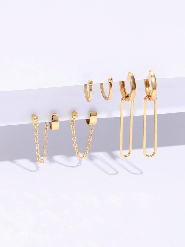 Women's Simple Style Plain Geometric Design Dangle Earrings, Trendy Chain Decor Ear Cuff Studs, Simple Style Ear Cuff, Fashionable Earrings Set Jewelry