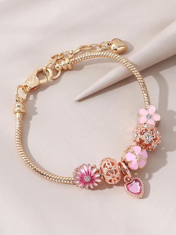 Women's Boho Rhinestone Decor Matching Bracelet, Flower & Heart Design Bracelets, Trendy Vintage Exquisite Bracelet, Gorgeous Jewelry for Women and Girls