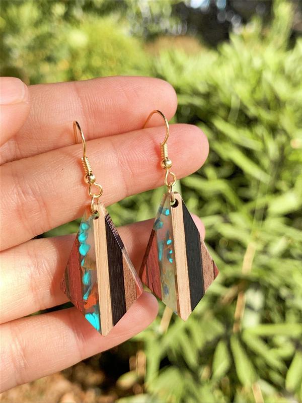 1 Pair Boho Style Wooden Geometric Design Dangle Earrings, Fashionable Random Patchwork Pattern Earrings Jewelry for Women, Trendy Accessories for Party and Daily Life