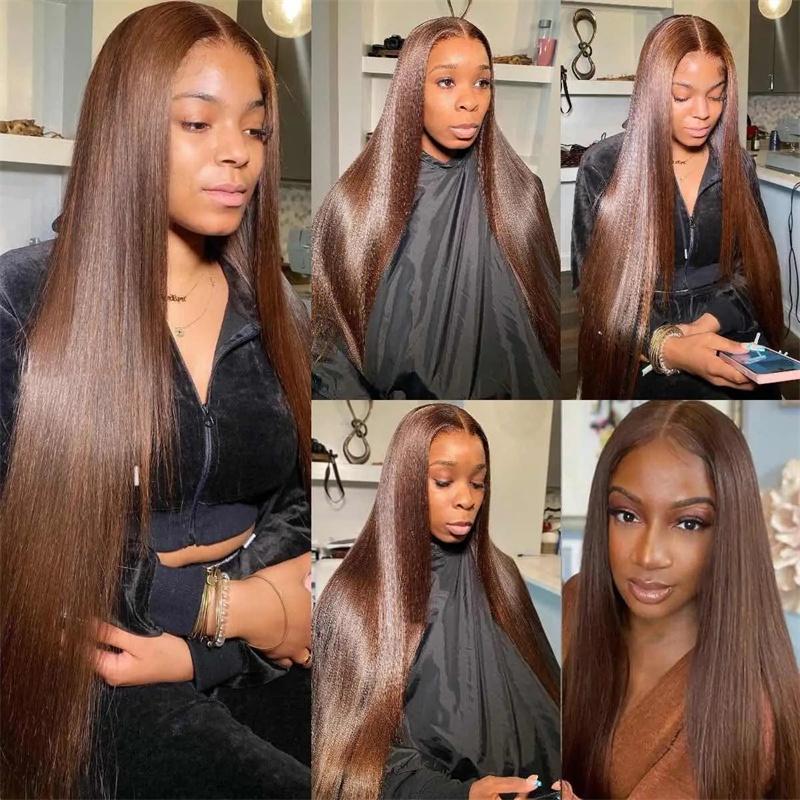 13x4 13x6 Chocolate Brown Straight Lace Front Wig HD Transparent Lace Frontal Wig Human Hair Preplucked Colored Human Hair Wigs 180% Buy 1 Chocolate Brown Color Wig Get 1 Pink Bag 1 HD Wig Cap 1 Brown Wig Cap and 1 Eyelashes