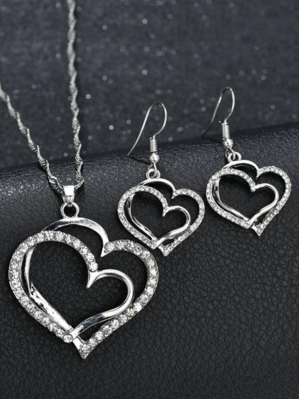 Rhinestone Decorated Hollow Heart Shaped Pendant Necklace & Dangle Earrings, 3pcs Exquisite Fashion Alloy Jewelry Set for Wedding Engagement Bridesmaid Outfit Prom, Holiday Gifts for Women