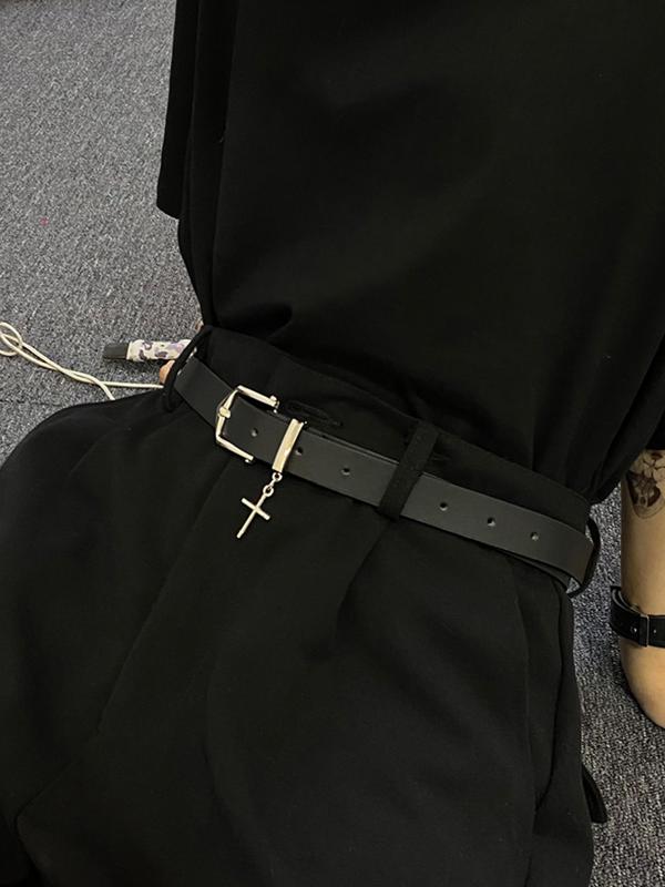 Simple Design All-match Plain Belt,  Cross Decor Pu Buckle Skinny Belt, Casual Waistband for Jeans Trousers