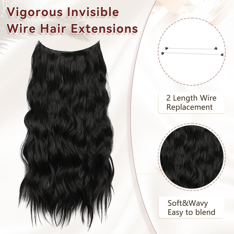 Vigorous Halo Hair Extensions with Transparent Wire Hairpieces for Women Long Wavy Secure Clips Synthetic Secret Hairpieces Headband Adjustable Size(20 Inch）