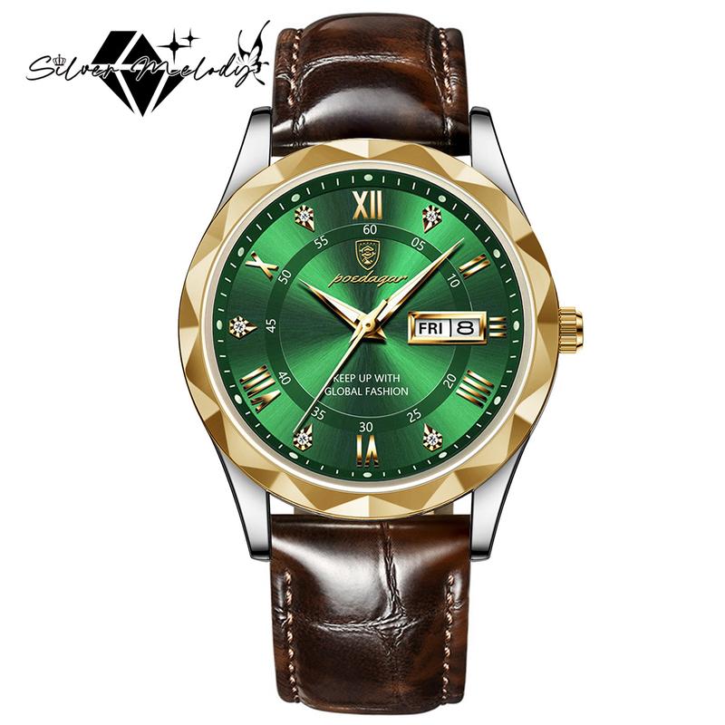 SilverMelody Fashion Men's Business Casual Quartz Luminous Waterproof Date Wristwatch with Leather Strap