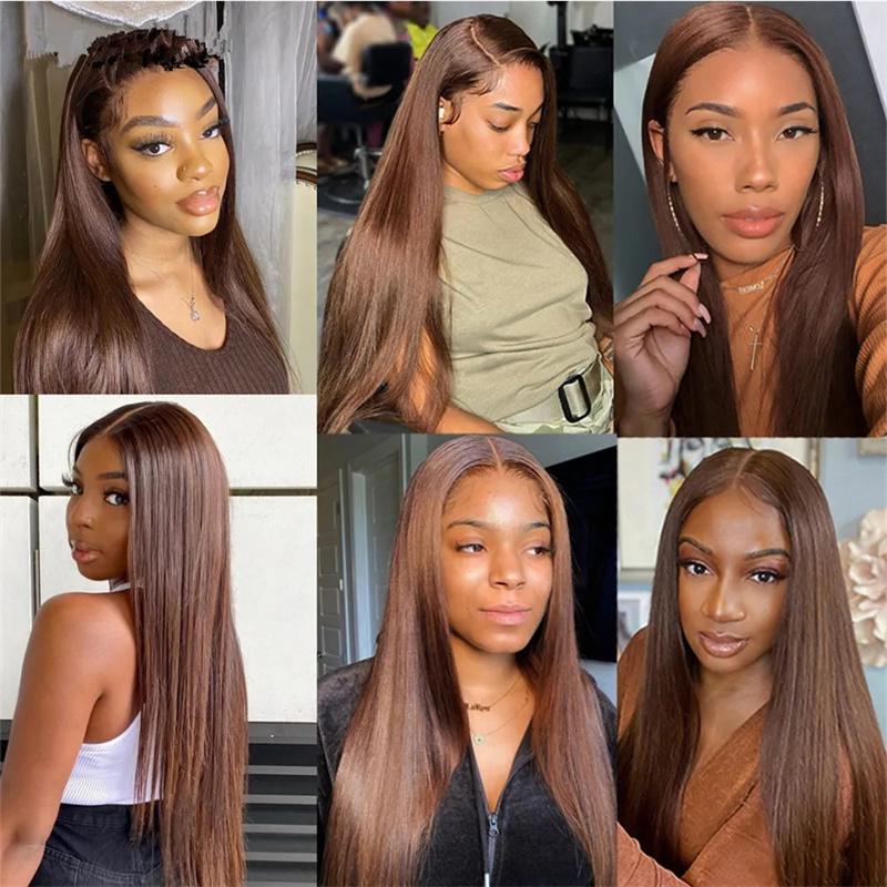 13x4 13x6 Chocolate Brown Straight Lace Front Wig HD Transparent Lace Frontal Wig Human Hair Preplucked Colored Human Hair Wigs 180% Buy 1 Chocolate Brown Color Wig Get 1 Pink Bag 1 HD Wig Cap 1 Brown Wig Cap and 1 Eyelashes