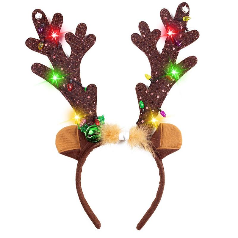 Reindeer Antlers Headband, LED Deer Antlers Headband with Bells Light Up Christmas Reindeer Ears Headband