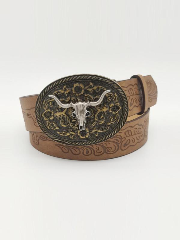 Western Cow Head Buckle Belt, Punk Style Vintage Belt for Women, Fashion PU Leather Belt for Daily Clothing Decor, Trendy All-match & Exquisite Belt for Birthday Gift