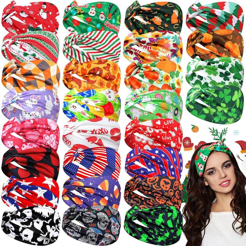 28 count Christmas Holiday Headbands for Women Christmas Hair Accessories Xmas Stretchy  Headbands Bulk   Band Thanksgiving Fall Non Slip  Wrap Knot hair bands